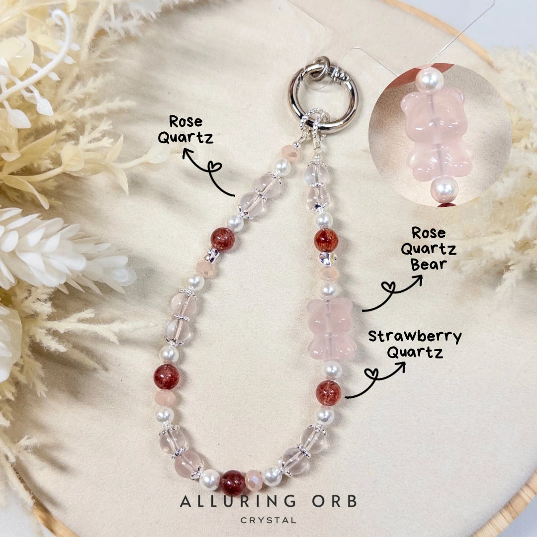 Strawberry Quartz + Rose Quartz + Rose Quartz Bear Phone Chain