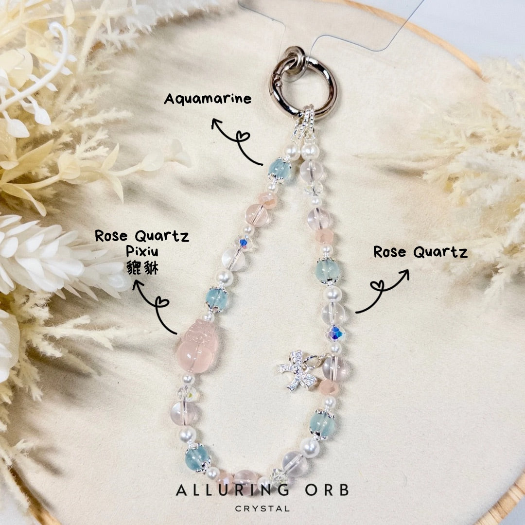 Rose Quartz + Aquamarine + Rose Quartz Pixiu Phone Chain